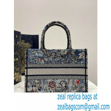 Dior Medium Book Tote Bag in Denim Blue Multicolor Dior Jardin Magique Embroidery 2023