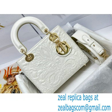 Dior Small Lady Dior Bag in Latte White Quilted-Effect Lambskin with Ornamental Motif 2023