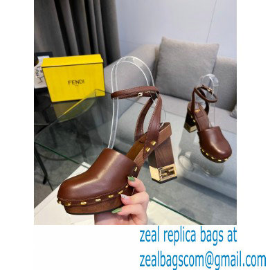 Fendi Baguette Show high-heeled clogs leather Brown 2023 - Click Image to Close
