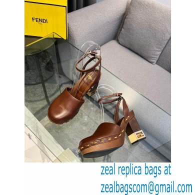 Fendi Baguette Show high-heeled clogs leather Brown 2023 - Click Image to Close