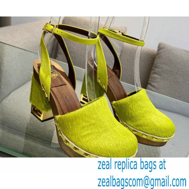 Fendi Baguette Show high-heeled clogs pony hair Green 2023 - Click Image to Close