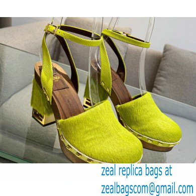 Fendi Baguette Show high-heeled clogs pony hair Green 2023