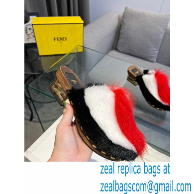 Fendi Baguette Show medium-heel clogs pony hair Black/White/Red 2023 - Click Image to Close