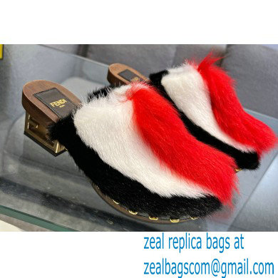 Fendi Baguette Show medium-heel clogs pony hair Black/White/Red 2023 - Click Image to Close