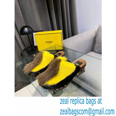 Fendi Baguette Show medium-heel clogs pony hair Black/Yellow/Brown 2023