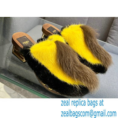 Fendi Baguette Show medium-heel clogs pony hair Black/Yellow/Brown 2023 - Click Image to Close