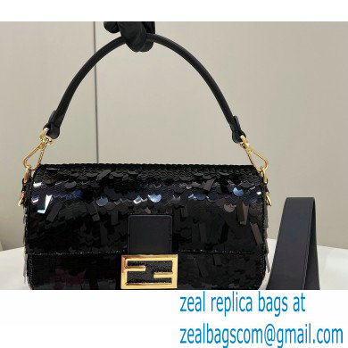 Fendi sequin and leather Iconic Baguette medium bag Black 2023