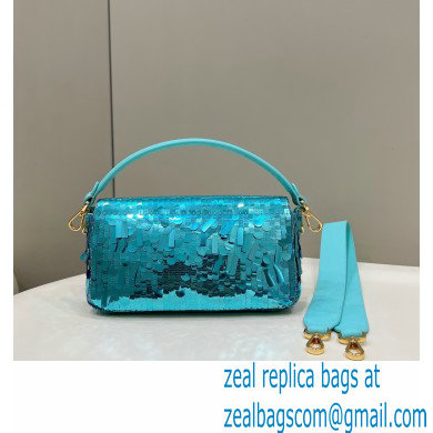 Fendi sequin and leather Iconic Baguette medium bag Turquoise Blue 2023 - Click Image to Close