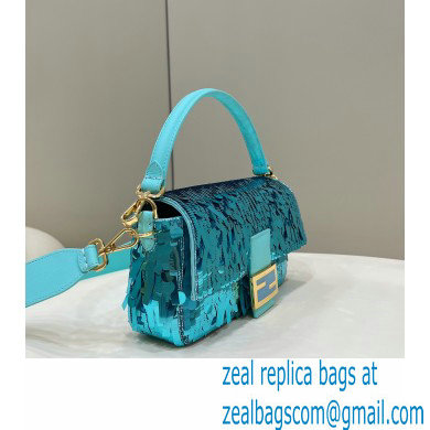 Fendi sequin and leather Iconic Baguette medium bag Turquoise Blue 2023