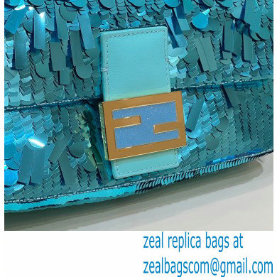 Fendi sequin and leather Iconic Baguette medium bag Turquoise Blue 2023