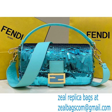 Fendi sequin and leather Iconic Baguette medium bag Turquoise Blue 2023