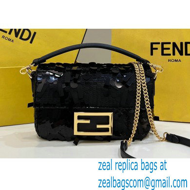 Fendi sequin and leather Iconic Baguette mini bag Black 2023