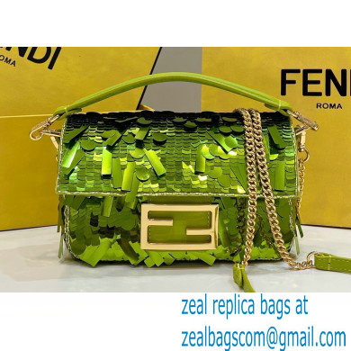 Fendi sequin and leather Iconic Baguette mini bag Green 2023 - Click Image to Close