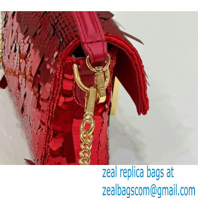 Fendi sequin and leather Iconic Baguette mini bag Red 2023