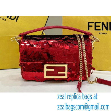 Fendi sequin and leather Iconic Baguette mini bag Red 2023