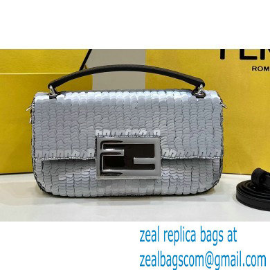 Fendi sequin and leather Iconic Baguette mini bag Silver 2023 - Click Image to Close