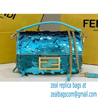 Fendi sequin and leather Iconic Baguette mini bag Turquoise Blue 2023 - Click Image to Close