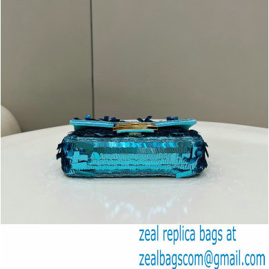 Fendi sequin and leather Iconic Baguette mini bag Turquoise Blue 2023