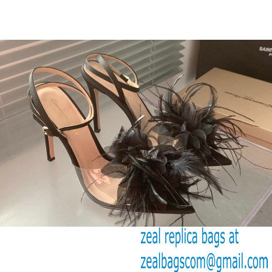 Gianvito Rossi Heel 10.5cm YNEZ Sandals Black with flower in satin and feathers 2023 - Click Image to Close