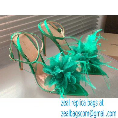 Gianvito Rossi Heel 10.5cm YNEZ Sandals Green with flower in satin and feathers 2023