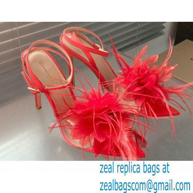 Gianvito Rossi Heel 10.5cm YNEZ Sandals Red with flower in satin and feathers 2023 - Click Image to Close