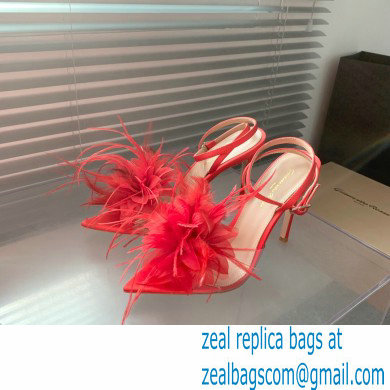 Gianvito Rossi Heel 10.5cm YNEZ Sandals Red with flower in satin and feathers 2023 - Click Image to Close