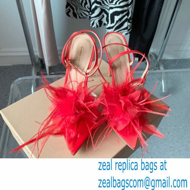 Gianvito Rossi Heel 10.5cm YNEZ Sandals Red with flower in satin and feathers 2023 - Click Image to Close