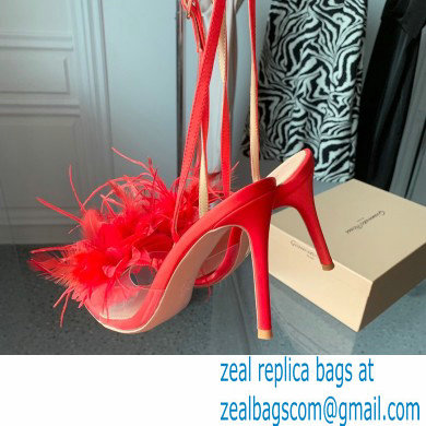 Gianvito Rossi Heel 10.5cm YNEZ Sandals Red with flower in satin and feathers 2023 - Click Image to Close