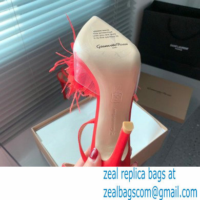 Gianvito Rossi Heel 10.5cm YNEZ Sandals Red with flower in satin and feathers 2023 - Click Image to Close