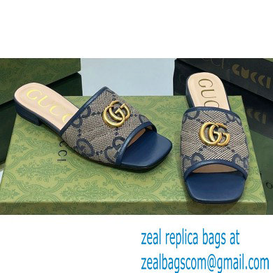 Gucci GG embroidered Slide Sandals Canvas Dark Blue With Double G 2023