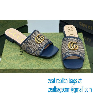 Gucci GG embroidered Slide Sandals Canvas Dark Blue With Double G 2023 - Click Image to Close