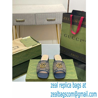 Gucci GG embroidered Slide Sandals Canvas Dark Blue With Double G 2023 - Click Image to Close