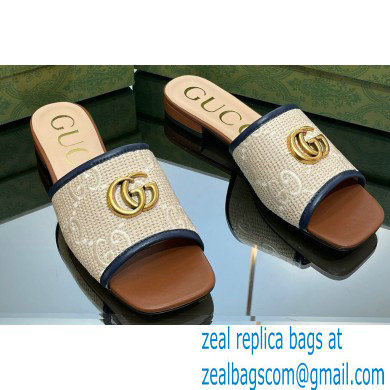 Gucci GG embroidered Slide Sandals crochet cotton Beige/Blue With Double G 2023 - Click Image to Close