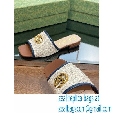 Gucci GG embroidered Slide Sandals crochet cotton Beige/Blue With Double G 2023 - Click Image to Close