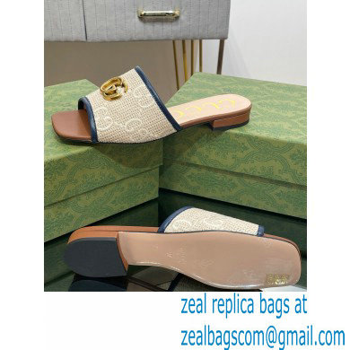Gucci GG embroidered Slide Sandals crochet cotton Beige/Blue With Double G 2023