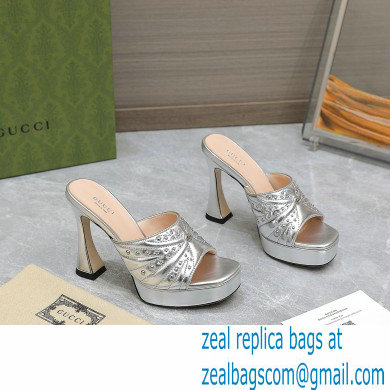 Gucci Heel 11cm Platform 2.5cm Studs slide sandals 723404 Metallic Silver 2023