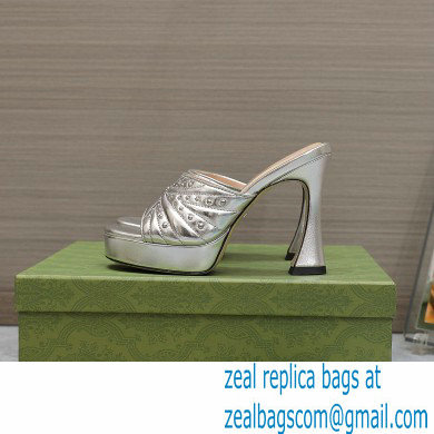 Gucci Heel 11cm Platform 2.5cm Studs slide sandals 723404 Metallic Silver 2023