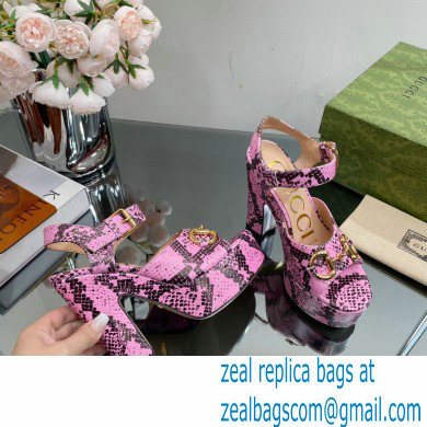 Gucci Heel 12cm Platform 3.5cm Sandals with Horsebit python print Pink 2023 - Click Image to Close