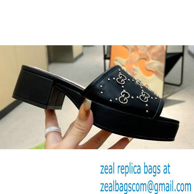 Gucci Heel 4cm Platform 2.5cm Interlocking G studs slide sandals Black 2023 - Click Image to Close