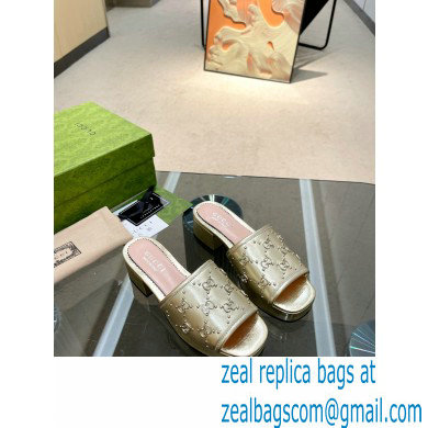 Gucci Heel 4cm Platform 2.5cm Interlocking G studs slide sandals Gold 2023 - Click Image to Close