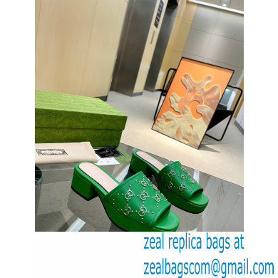 Gucci Heel 4cm Platform 2.5cm Interlocking G studs slide sandals Green 2023