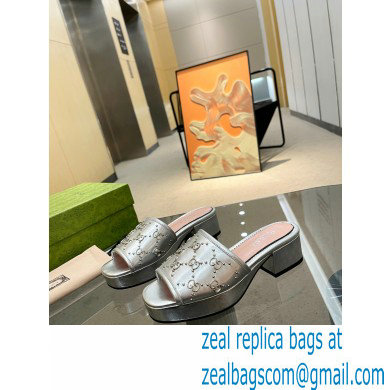 Gucci Heel 4cm Platform 2.5cm Interlocking G studs slide sandals Silver 2023 - Click Image to Close