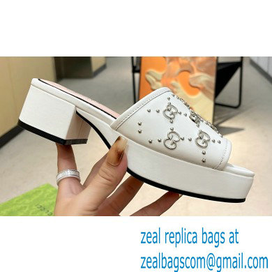 Gucci Heel 4cm Platform 2.5cm Interlocking G studs slide sandals White 2023 - Click Image to Close