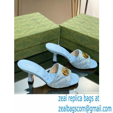 Gucci Heel 7.5cm GG embroidered Slide Sandals Canvas Blue With Double G 2023 - Click Image to Close