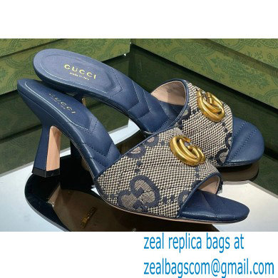 Gucci Heel 7.5cm GG embroidered Slide Sandals Canvas Dark Blue With Double G 2023