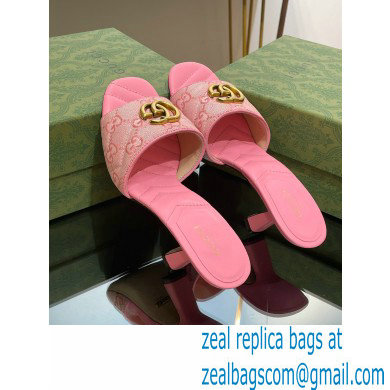 Gucci Heel 7.5cm GG embroidered Slide Sandals Canvas Pink With Double G 2023 - Click Image to Close