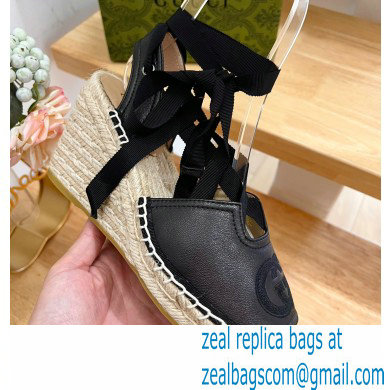 Gucci Heel 9.5cm Leather espadrilles sandals with ribbon tie 725834 Black 2023
