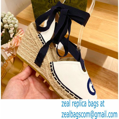Gucci Heel 9.5cm Leather espadrilles sandals with ribbon tie 725834 White/Dark Blue 2023 - Click Image to Close