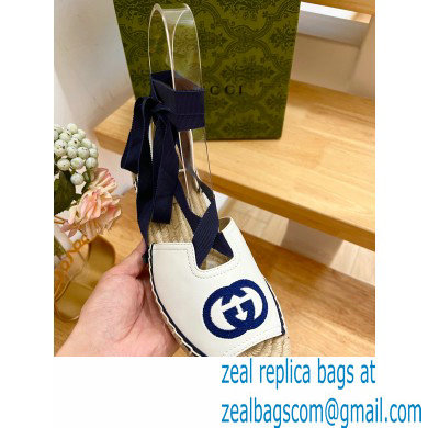 Gucci Heel 9.5cm Leather espadrilles sandals with ribbon tie 725834 White/Dark Blue 2023 - Click Image to Close