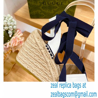 Gucci Heel 9.5cm Leather espadrilles sandals with ribbon tie 725834 White/Dark Blue 2023 - Click Image to Close